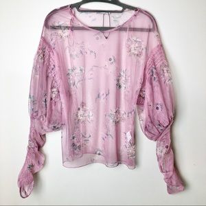 Zara Translucent Floral Blouse Ruched Sleeves
